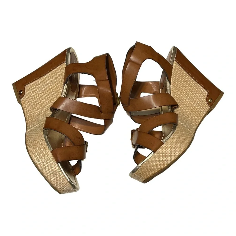 Liz Claiborne Woven Wedge Heel Faux Leather Crisscross Strap Platform Sandal 8.5